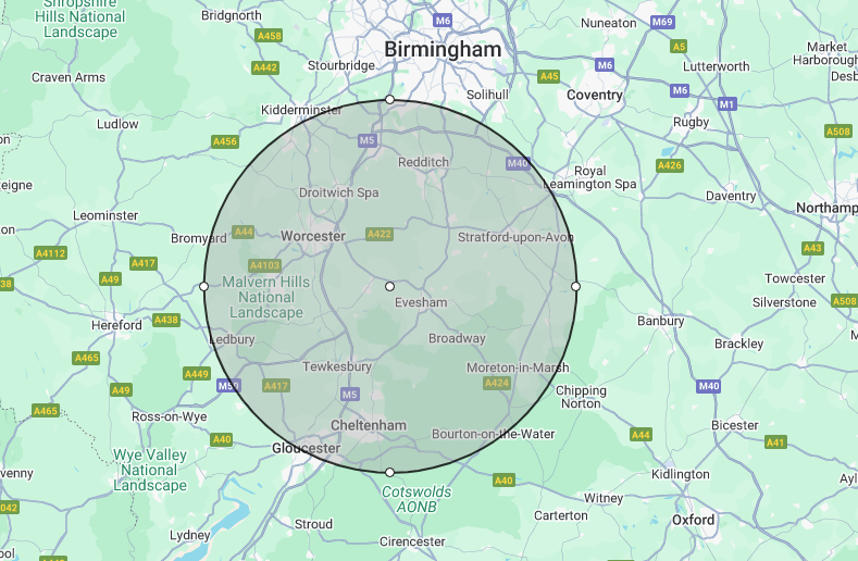 Map of 20 miles from our base location where we consider local deliveries of our dance floors