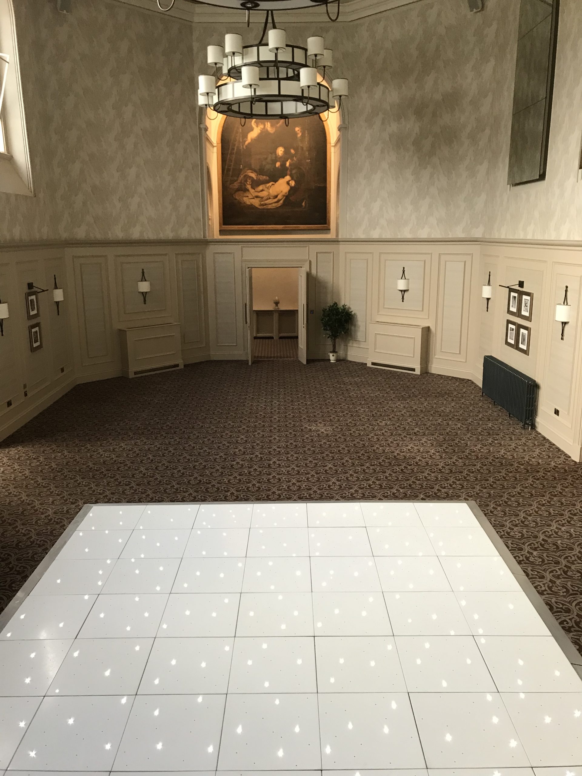White starlit dance floor in St Annes Hall at Stanbrook Abbey