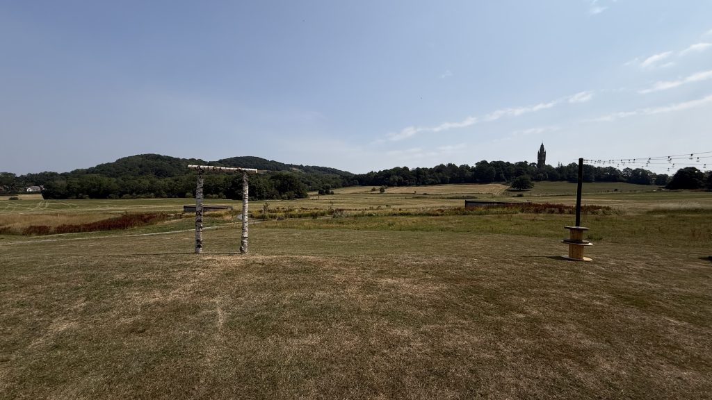 View from a stretch tent of a farm wedding