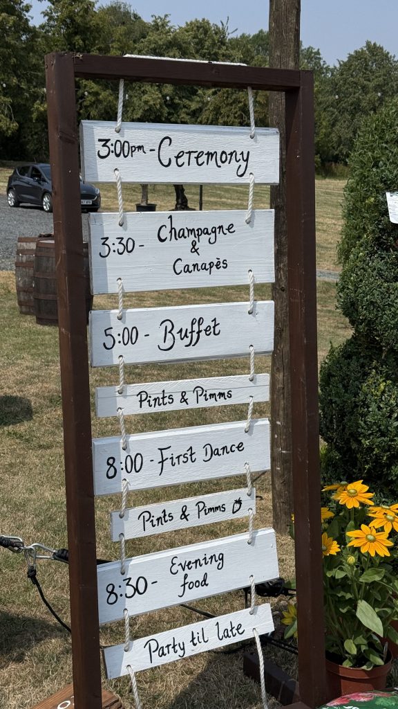Sign at wedding with times for the day