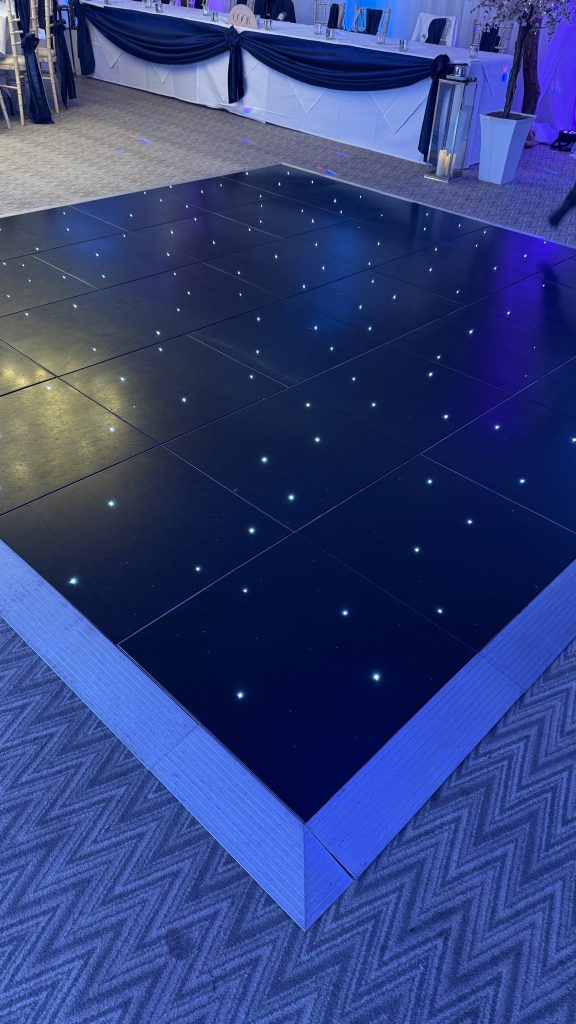 Black starlit dance floor at stonehouse court gloucestershire