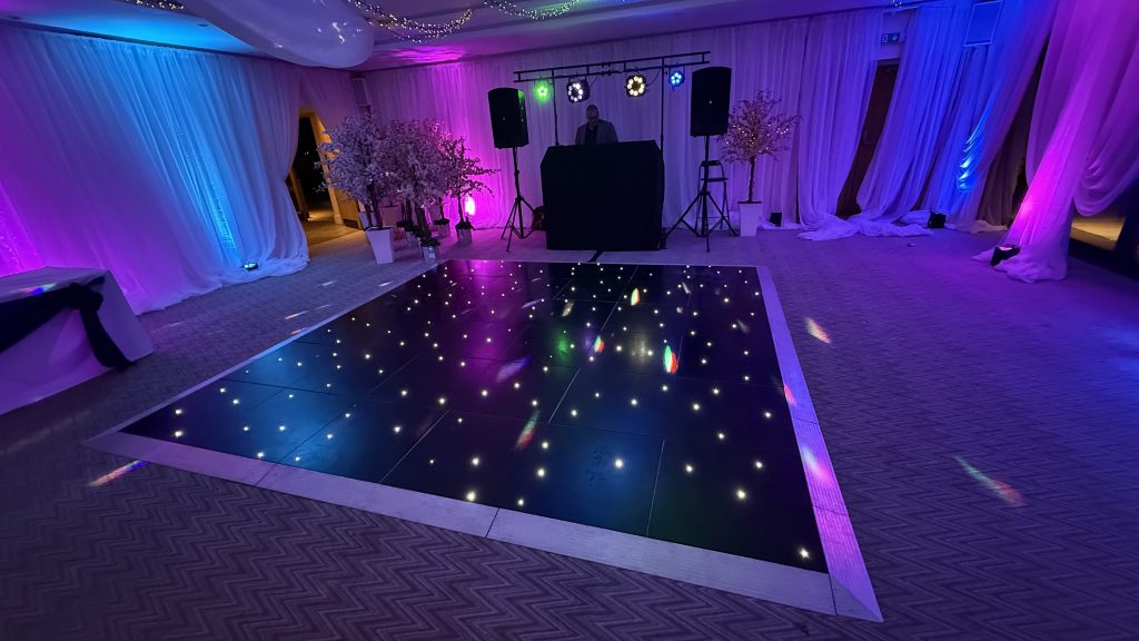 Black starlit dance floor at stonehouse court gloucestershire