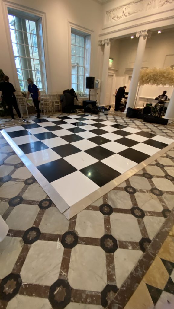 black and white dance floor with grey trim
