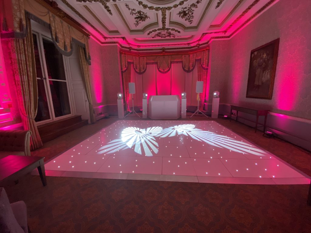 White starlit dance floor in the great drawing room at ettington park