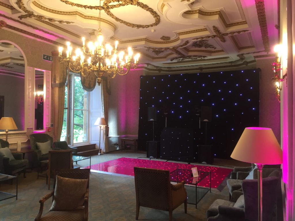 Pink starlit dance floor in the great drawing room at ettington park