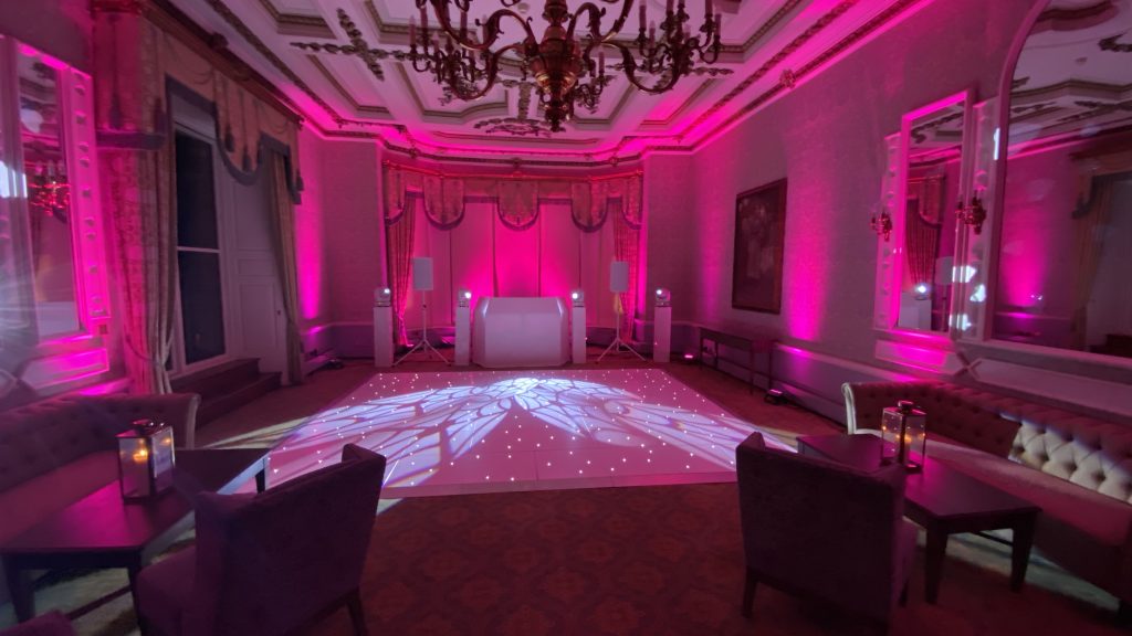White starlit dance floor in the great drawing room at ettington park