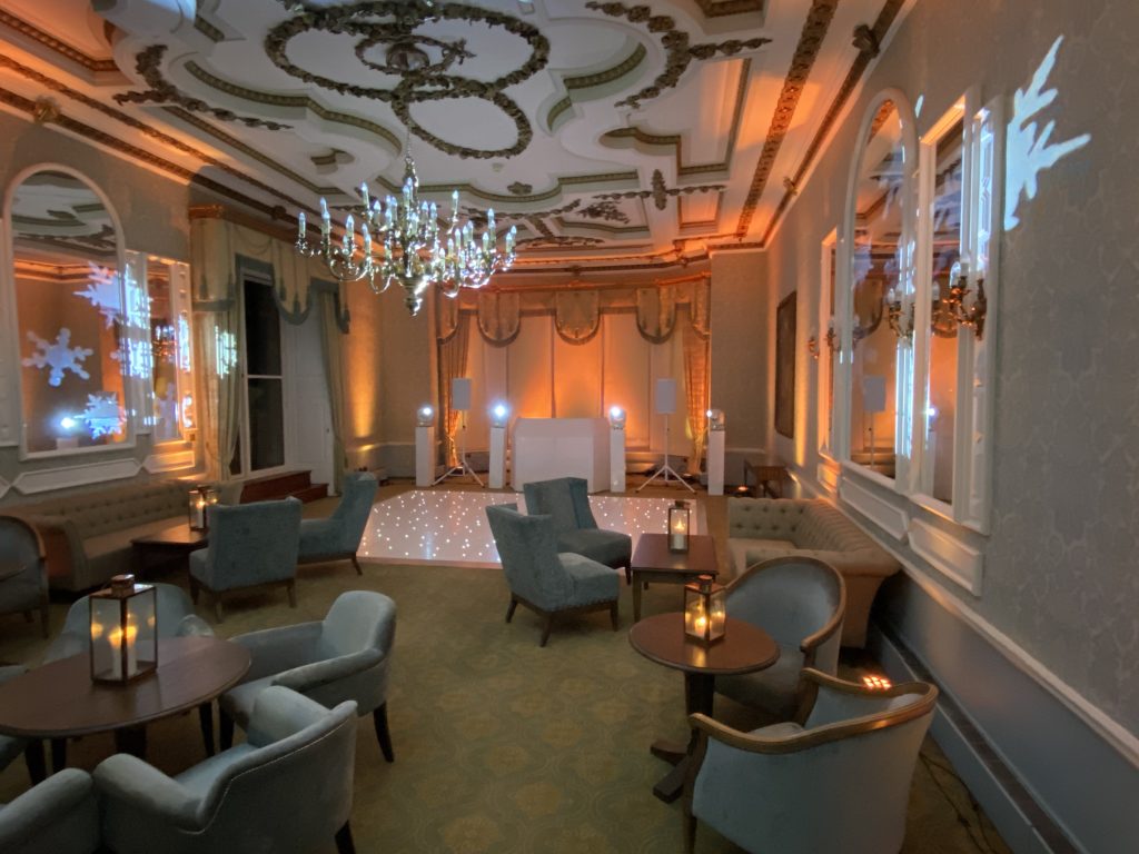 White starlit dance floor in the great drawing room at ettington park