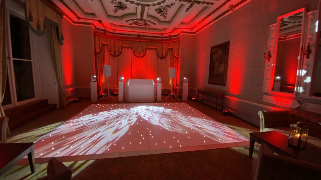 White starlit dance floor in the great drawing room at ettington park